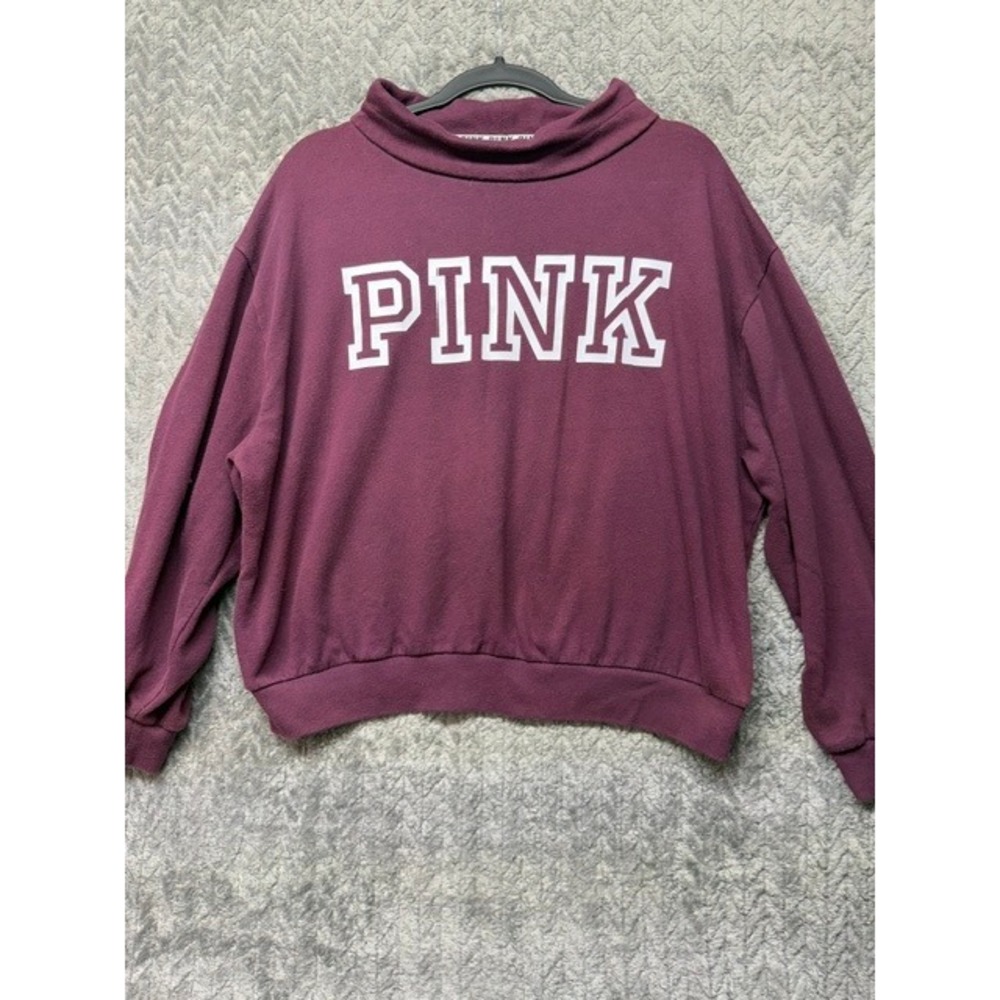 PINK Victoria's Secret Mock Neck Sweatshirt Burgundy Logo Pullover Medium 0735